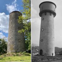 The water tower that once supplied water to Chestnut Hill residents. Left photo: present day, taken by author; right photo from 1896, courtesy of PhillyHistory.org.